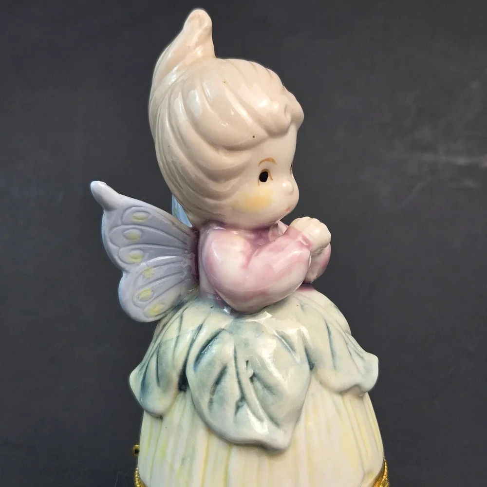 Vintage Porcelain Fairy Hinged Trinket Box Pastel Angel Figurine Gold Tone Clasp